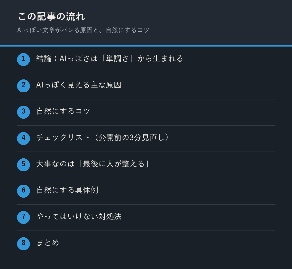 AIっぽい文章がバレる原因と、自然にするコツの記事の流れを解説した図解