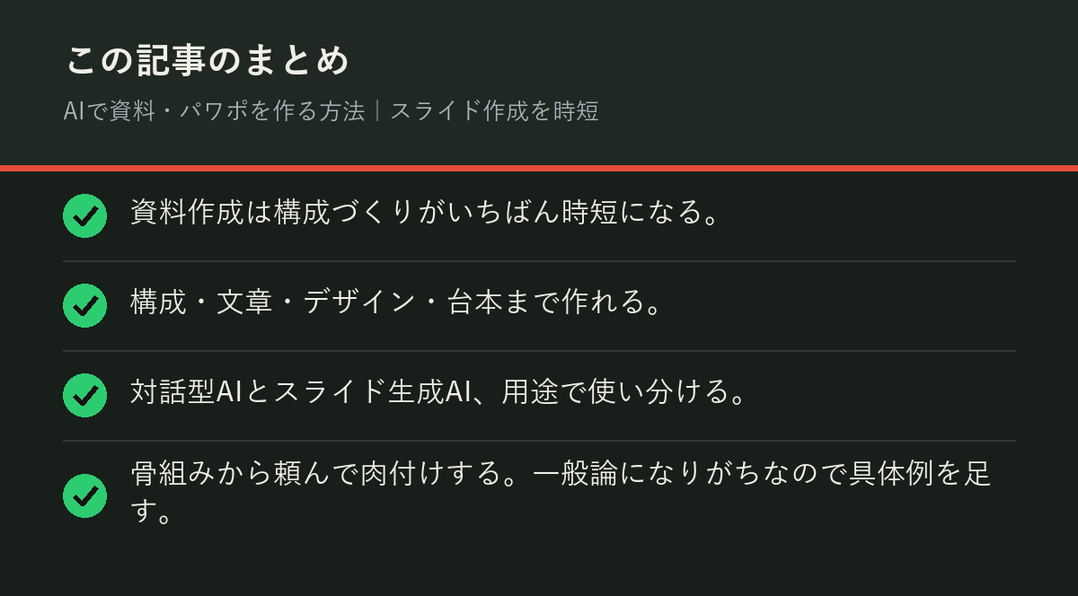 AIで資料・パワポを作る方法｜スライド作成を時短のまとめを解説した図解