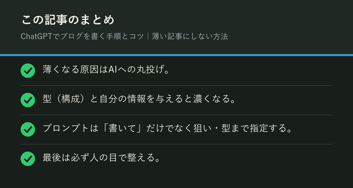 ChatGPTでブログを書く手順とコツ|薄い記事にしない方法のまとめを解説した図解