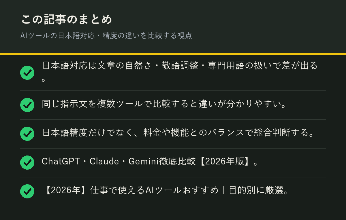 AIツールの日本語対応・精度の違いを比較する視点のまとめを解説した図解