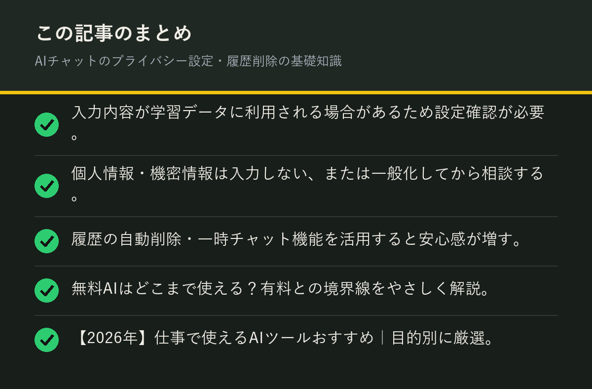 AIチャットのプライバシー設定・履歴削除の基礎知識のまとめを解説した図解