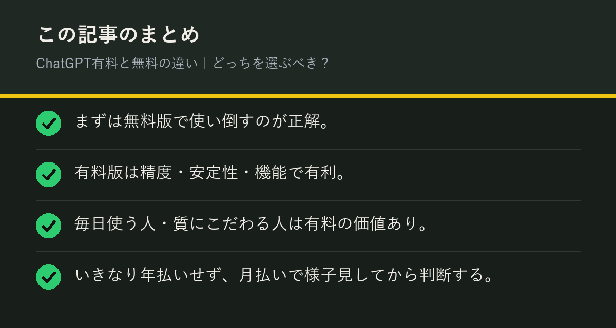 ChatGPT有料と無料の違い｜どっちを選ぶべき？のまとめを解説した図解