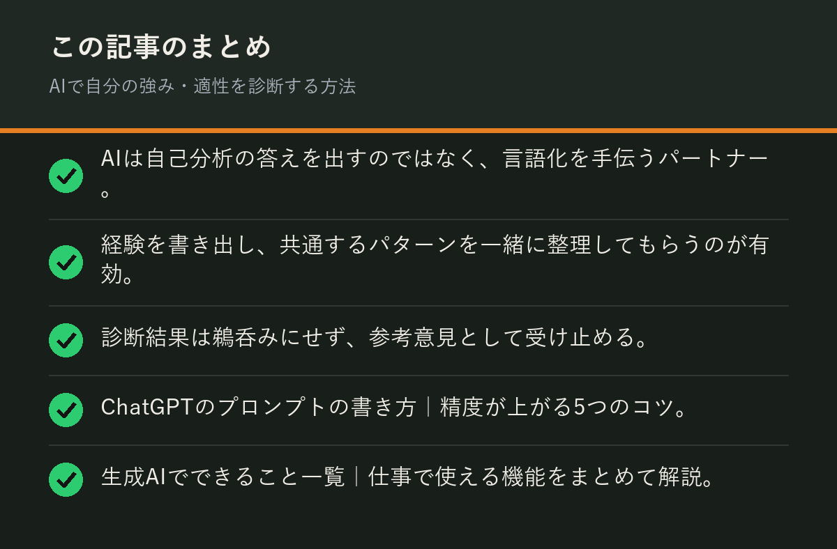 AIで自分の強み・適性を診断する方法のまとめを解説した図解