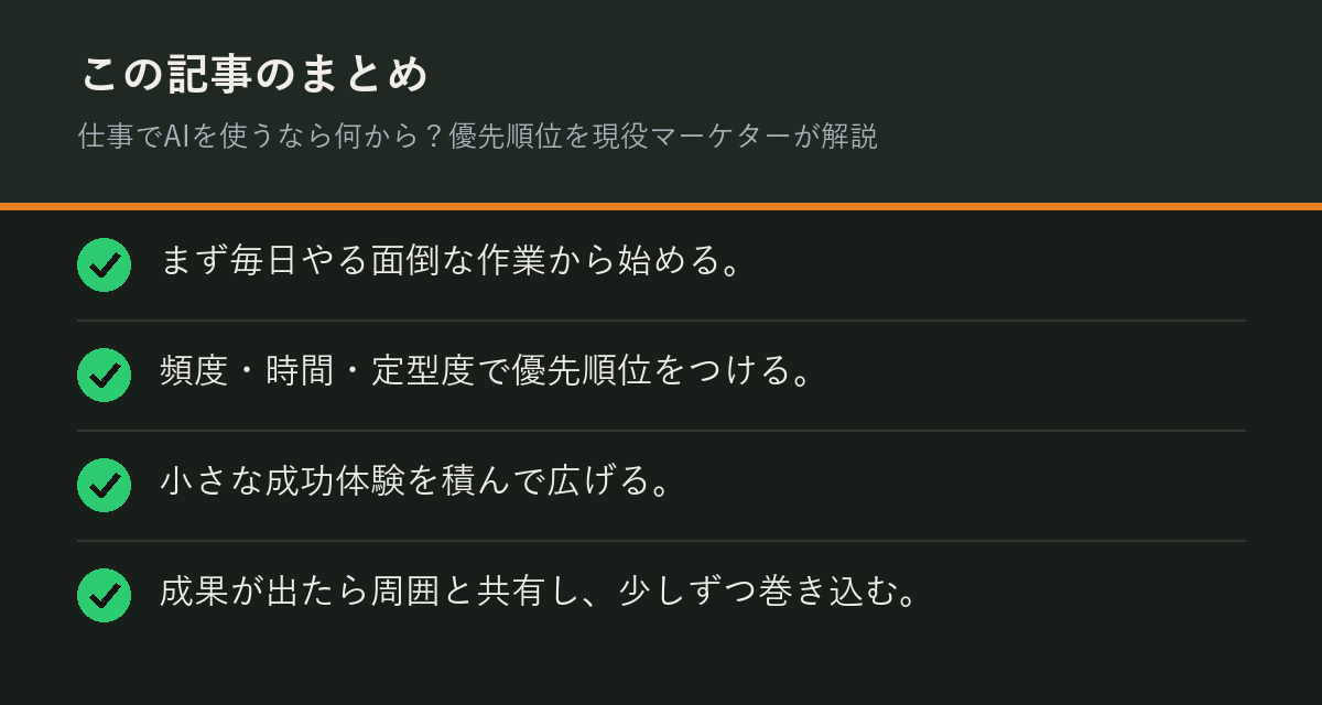 仕事でAIを使うなら何から？優先順位を現役マーケターが解説のまとめを解説した図解