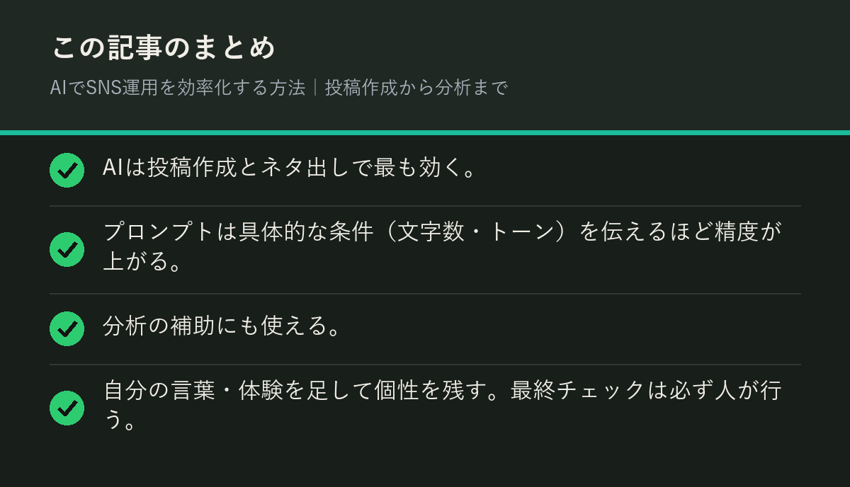 AIでSNS運用を効率化する方法｜投稿作成から分析までのまとめを解説した図解