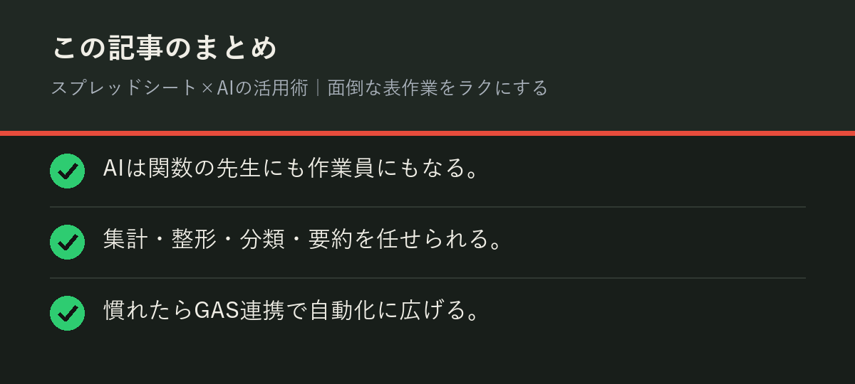 スプレッドシート×AIの活用術｜面倒な表作業をラクにするのまとめを解説した図解